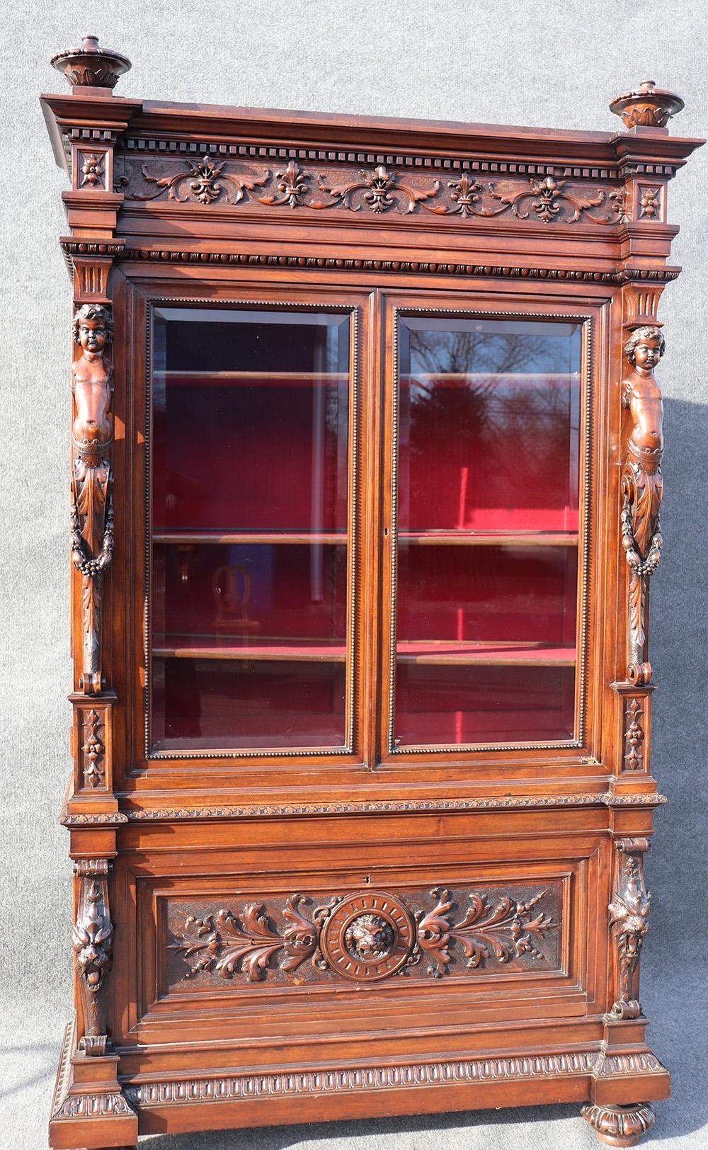 Italian Carved Walnut Cherub Lions Bookcase China Cabinet 1