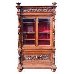 Antique Italian Carved Walnut Cherub Lions Bookcase China Cabinet
