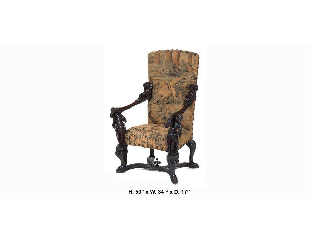 Attractive 19th century Venetian Baroque style carved walnut figural armchair.

The high back chair open armchair is finely carved walnut, each arm is surmounted with a finely carved reclining figure, arms uprights are supported by two male