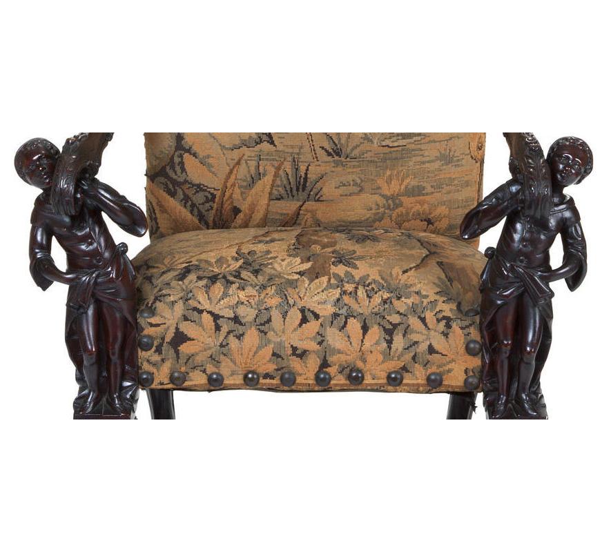 Italian Carved Walnut Figural Armchair, 19th Century In Good Condition In Cypress, CA
