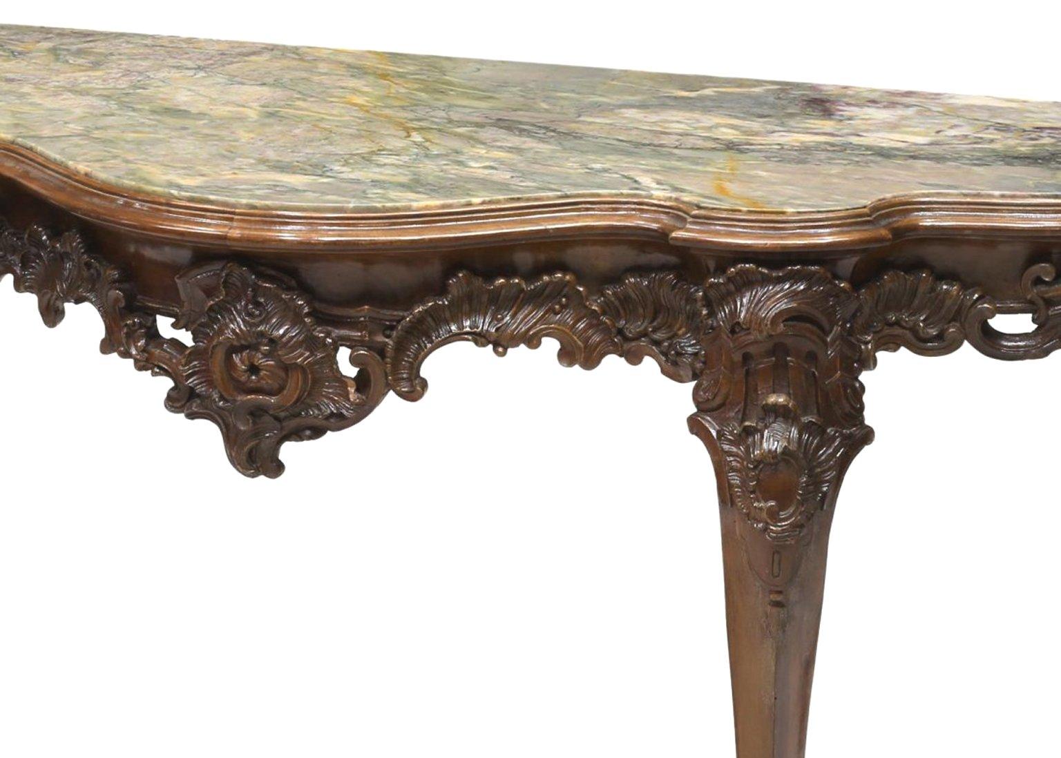 Marble Italian Carved Walnut Long Console, 19th Century