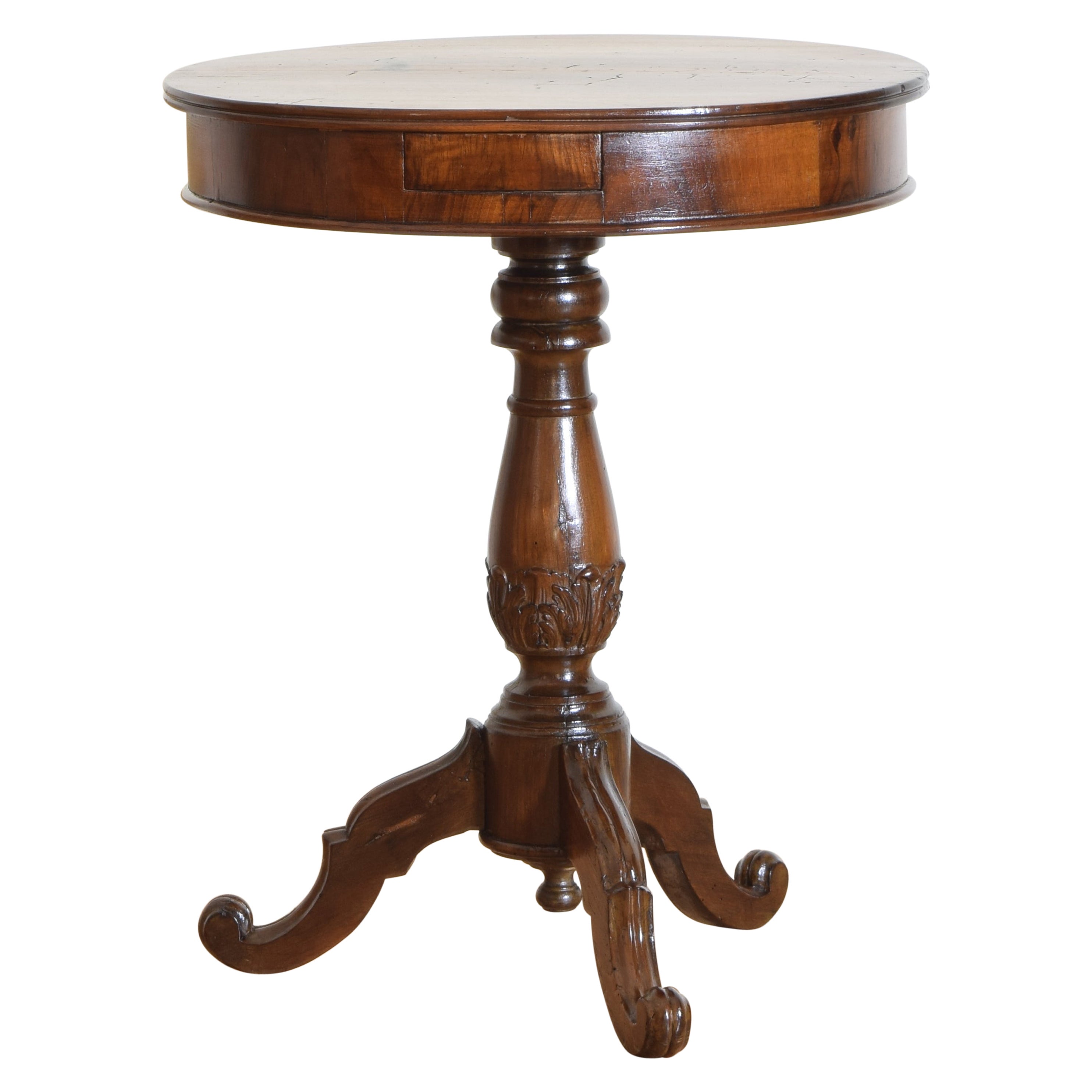 Italian Carved Walnut One Drawer Pedestal Side Table, Mid 19th century