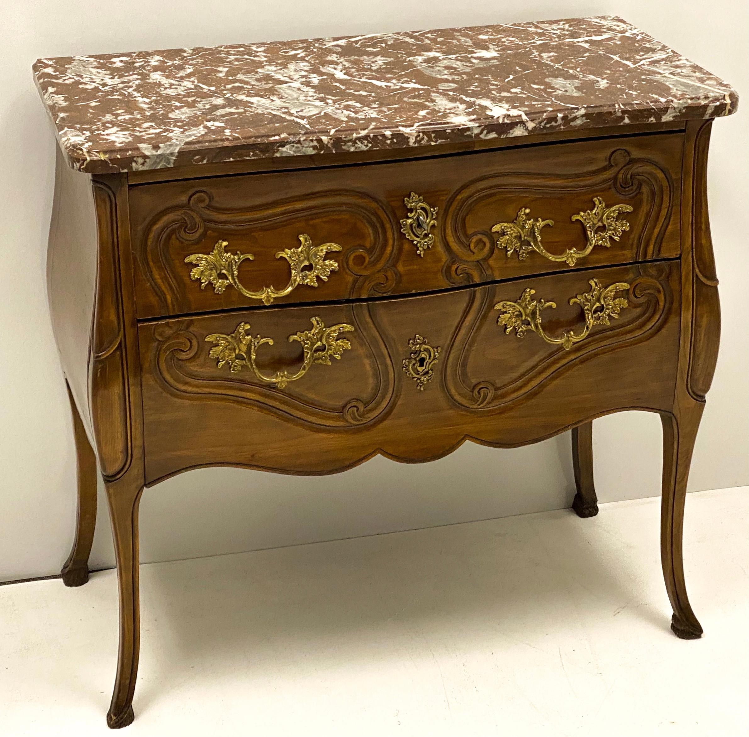 Louis XVI Italian Carved Walnut Rouge Marble Top Commode with French Styling For Sale