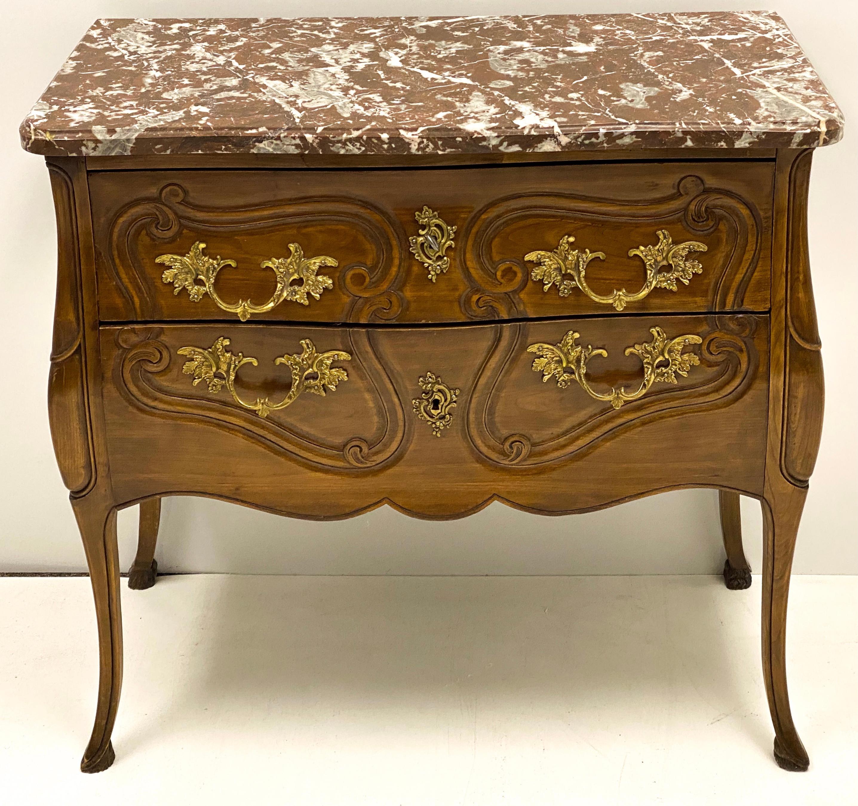 20th Century Italian Carved Walnut Rouge Marble Top Commode with French Styling For Sale