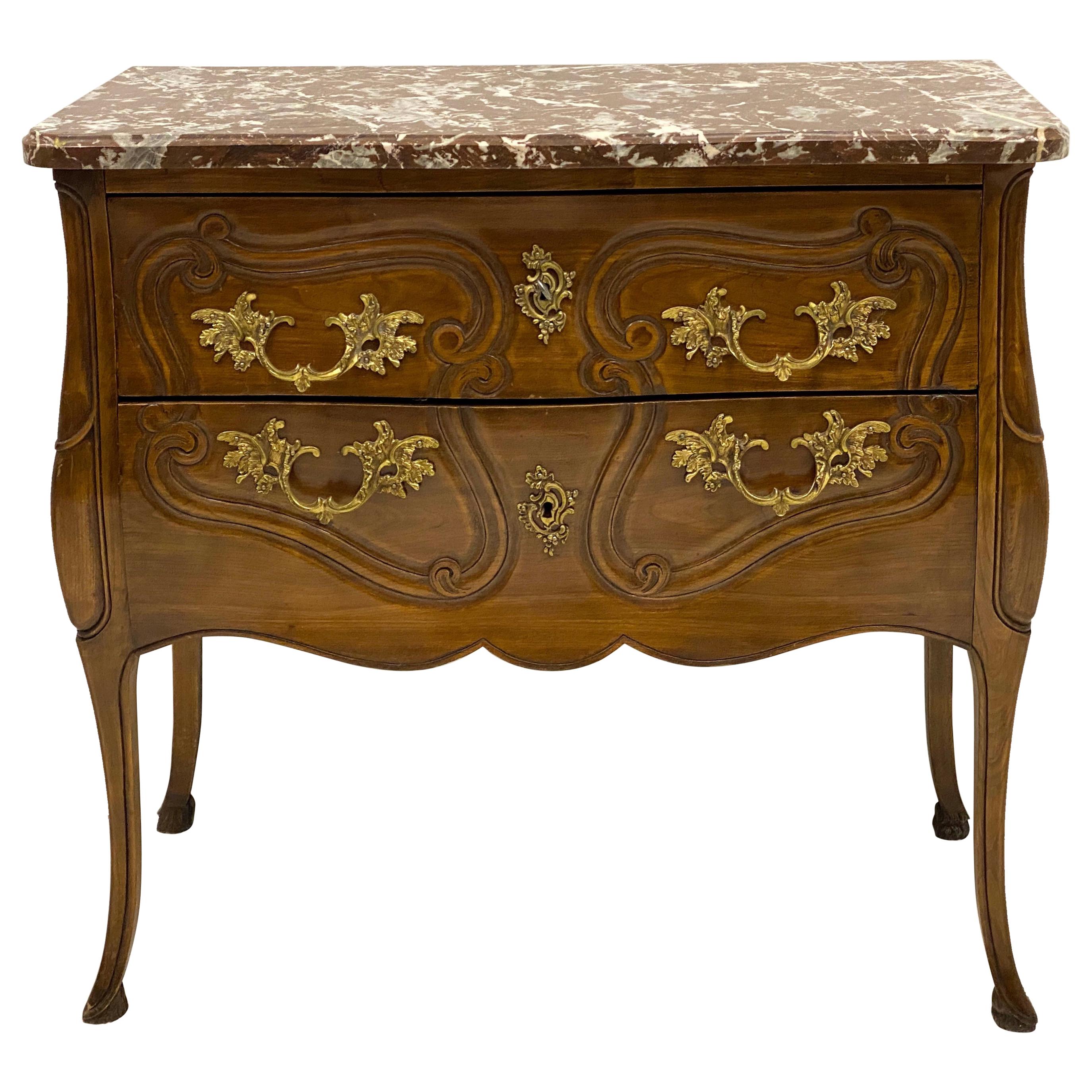 Italian Carved Walnut Rouge Marble Top Commode with French Styling For Sale