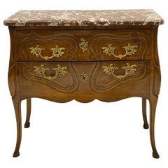 Italian Carved Walnut Rouge Marble Top Commode with French Styling