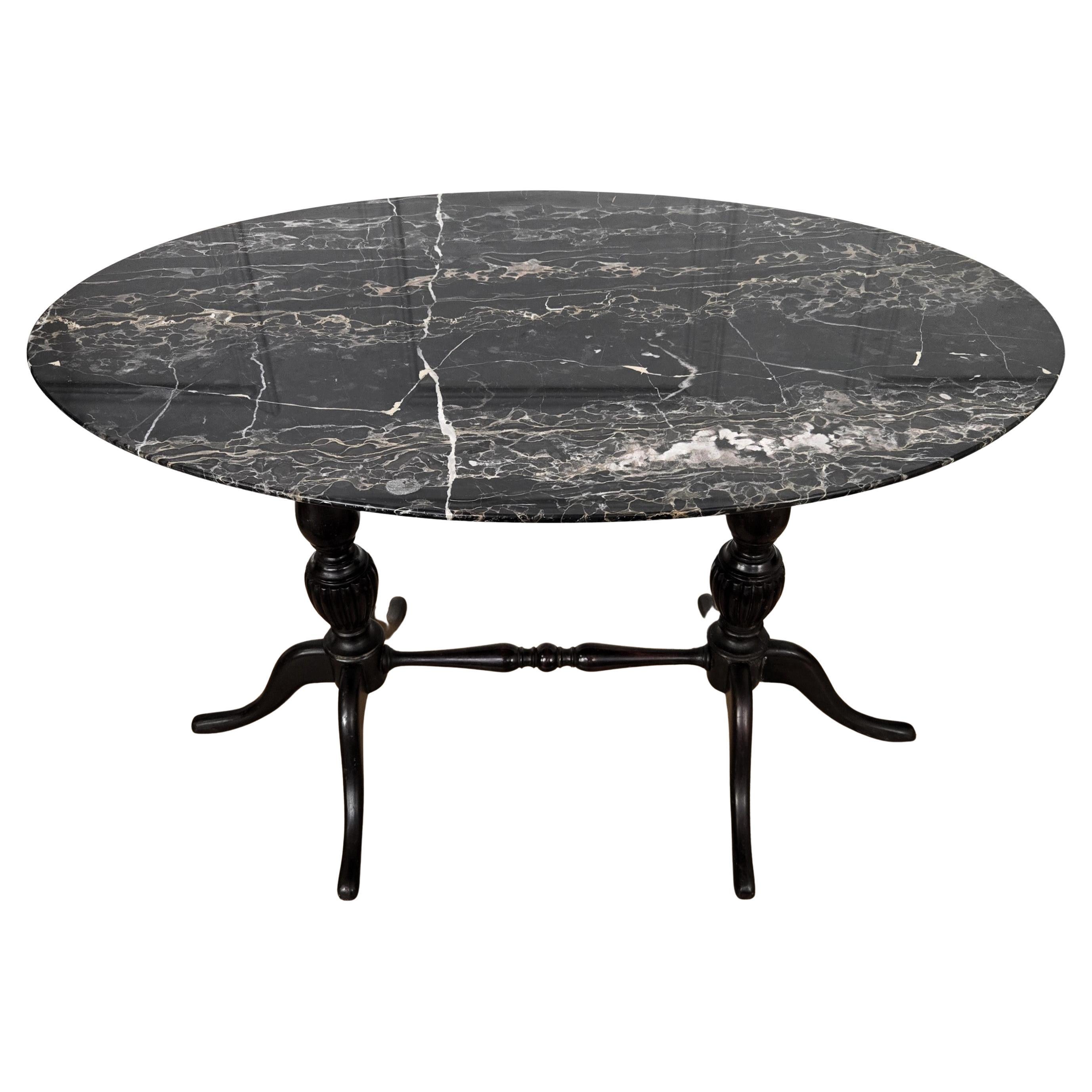 Italian Carved Walnut Side Coffee Table with Oval Portoro Marble Top