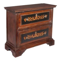 Italian Carved Walnut 2-Drawer Chest – Floral Inlay on Ebony, 1990s