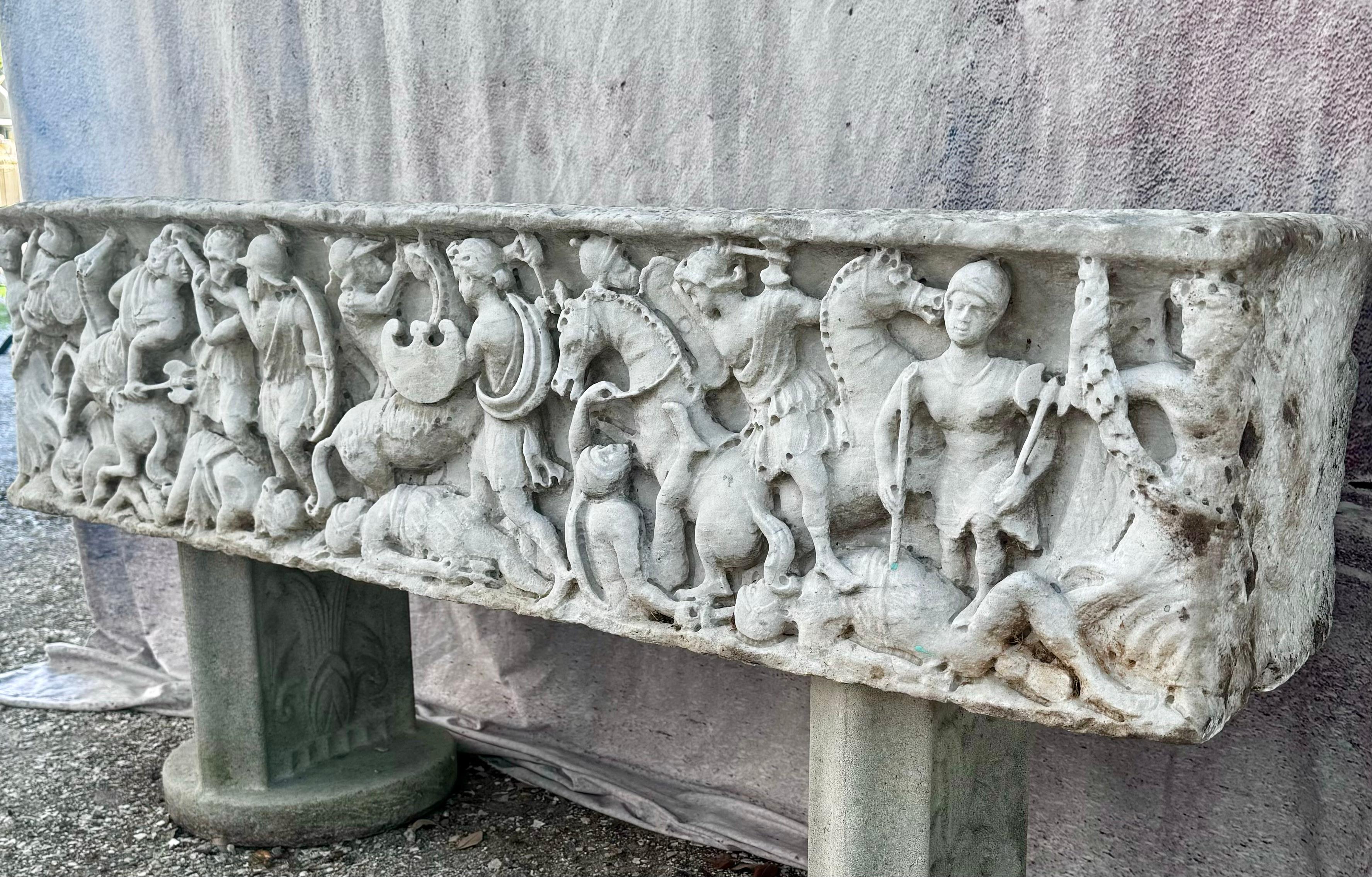 Italian Carved White Marble Planter - Sarcophagus In Good Condition In Bradenton, FL