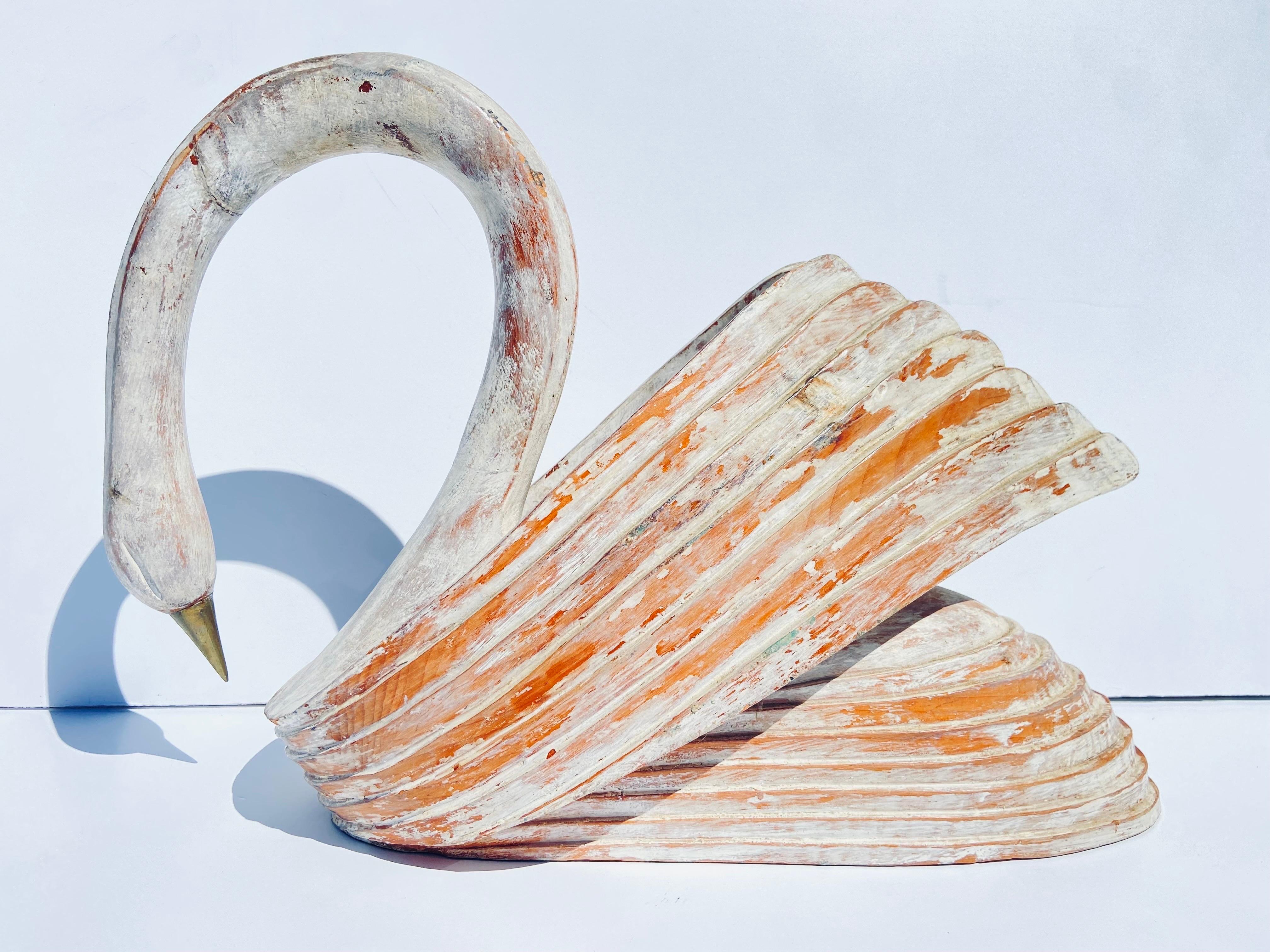 20th Century Italian Carved Wood and Brass Vintage Swan Sculpture White Distressed Finish