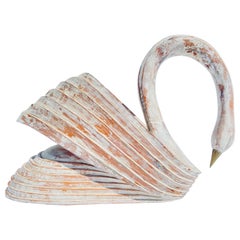 Italian Carved Wood and Brass Vintage Swan Sculpture White Distressed Finish