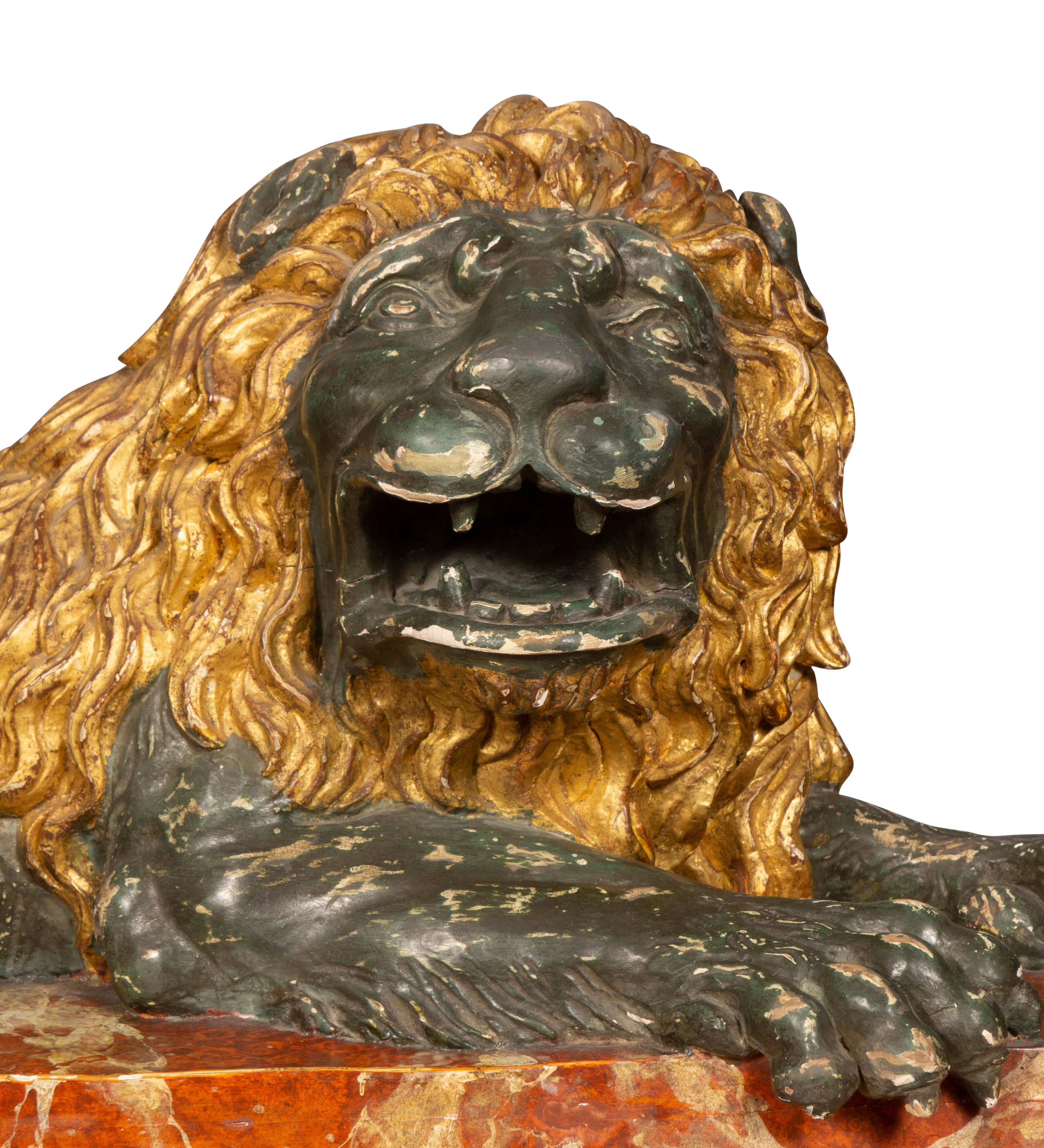 19th Century Italian Carved Wood and Painted Reclining Lion For Sale