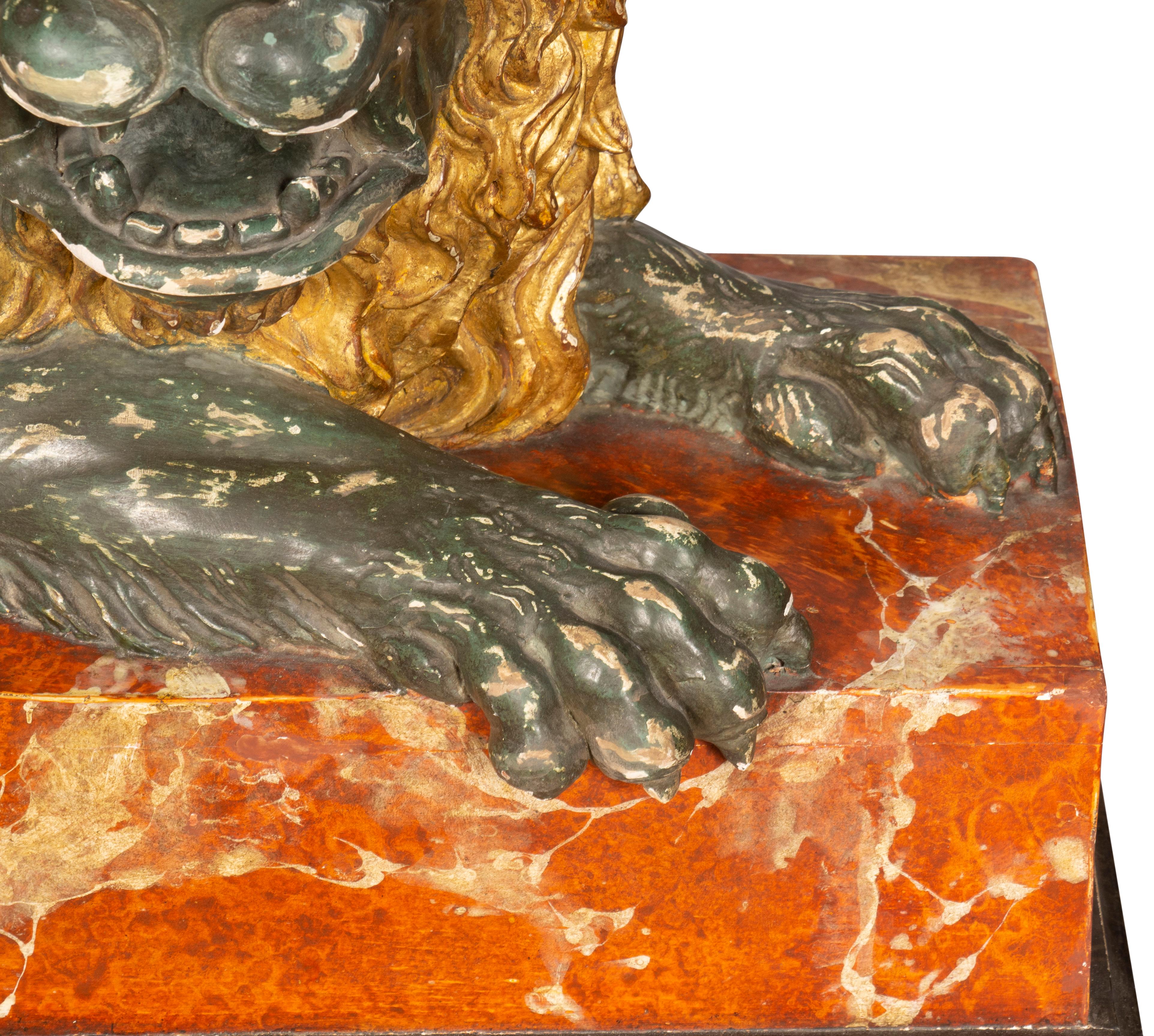 Italian Carved Wood and Painted Reclining Lion For Sale 1