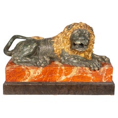 Antique Italian Carved Wood and Painted Reclining Lion