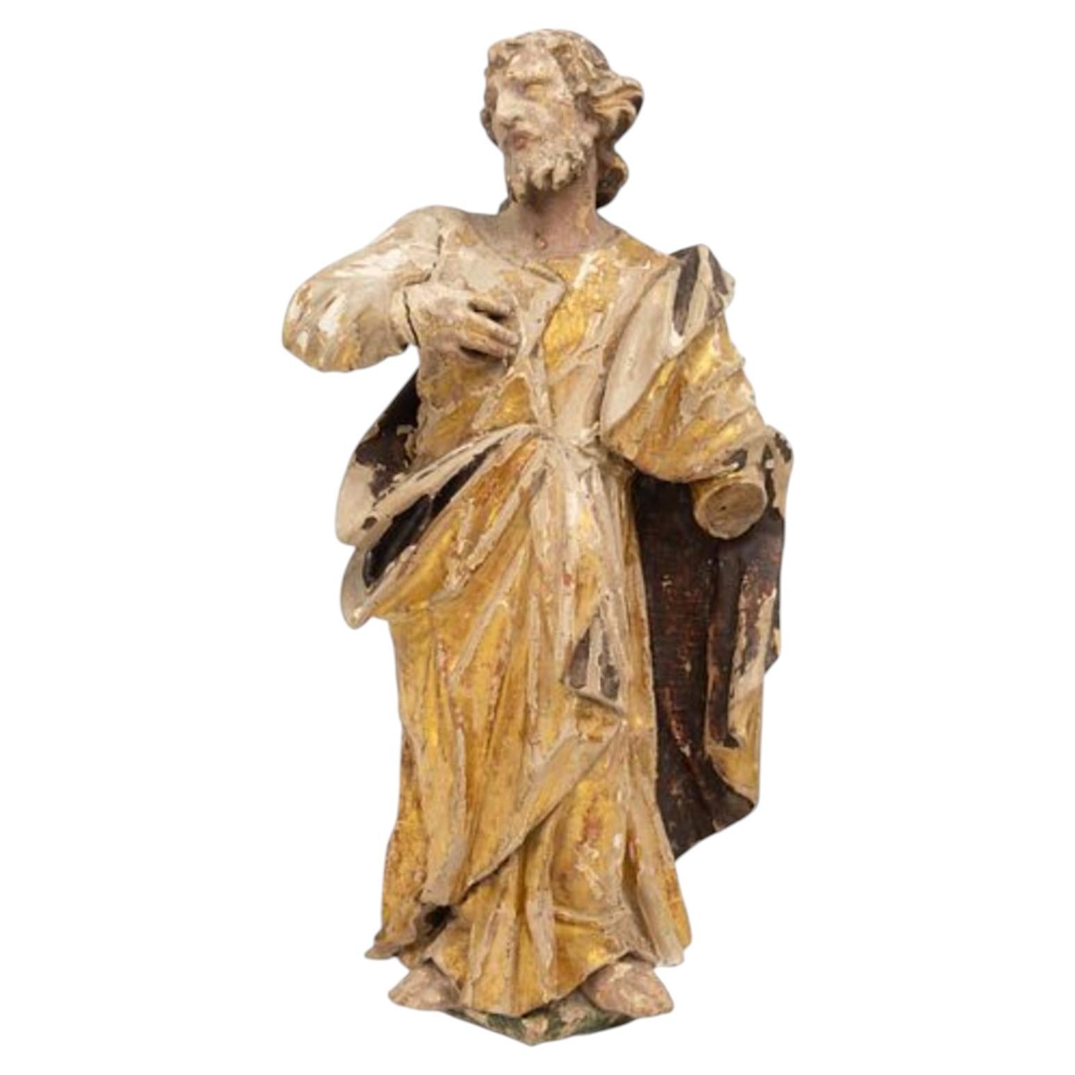 Italian Carved Wood and Polychrome Gilding Santos Figure H 29" W 13" Dept