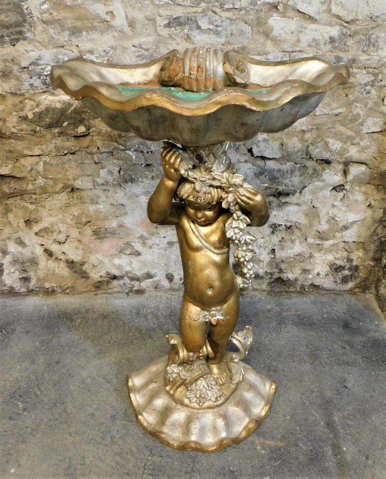 Italian Carved Wood Cherub Grotto Figural Bird Bath/Planter Garden Sculpture at 1stDibs
