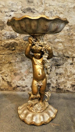 Italian Carved Wood Cherub Grotto Figural Bird Bath/Planter Garden Sculpture