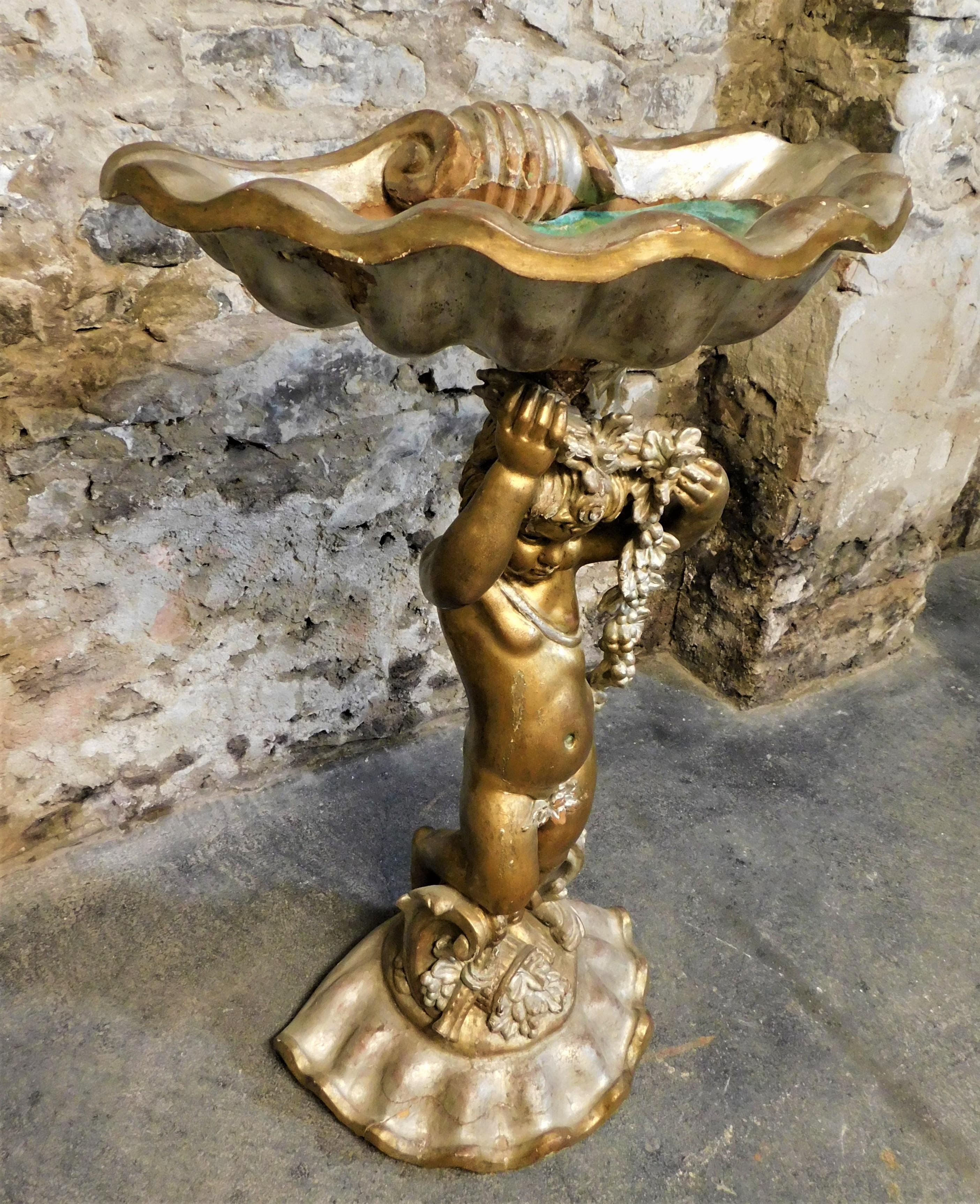 Italian Carved Wood Cherub Grotto Figural Bird Bath/Planter Garden Sculpture 1