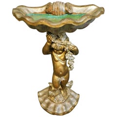 Antique Italian Carved Wood Cherub Grotto Figural Bird Bath/Planter Garden Sculpture