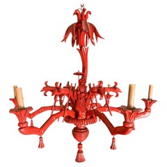 Italian Carved Wood Chinoiserie Faux Bamboo & Palm Frond Chandelier - 6 Arm