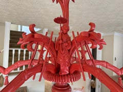 Italian Carved Wood Chinoiserie Faux Bamboo & Palm Frond Chandelier - 6 Arm