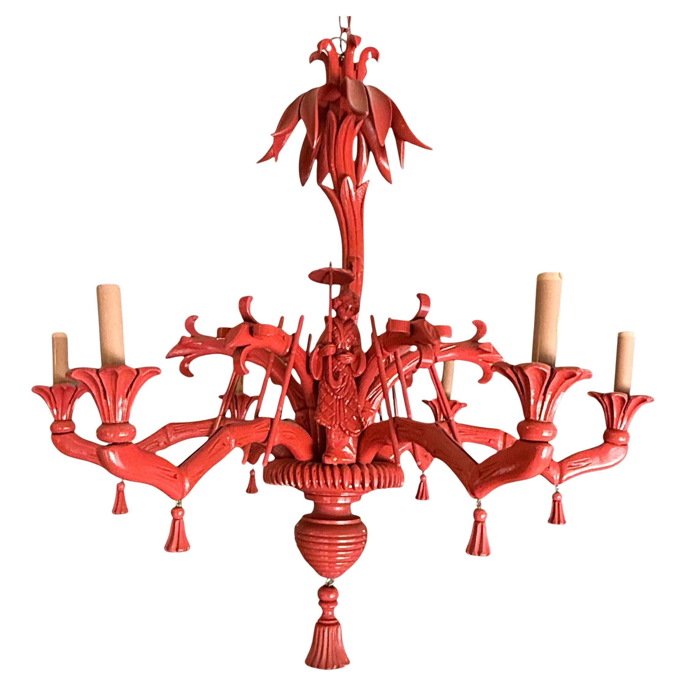 Italienischer geschnitzter Chinoiserie-Kronleuchter aus Holz, Holzimitat, Kunstbambus und Palmenwedel, 6 Arm