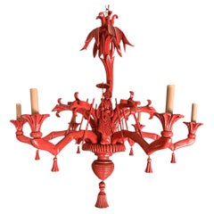 Italienischer geschnitzter Chinoiserie-Kronleuchter aus Holz, Holzimitat, Kunstbambus und Palmenwedel, 6 Arm