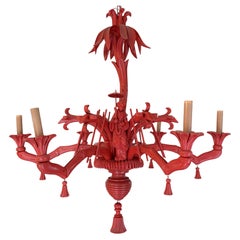 Italian Carved Wood Chinoiserie Faux Bamboo & Palm Frond Chandelier - 6 Arm