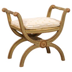 Italian Carved-Wood Curule Stool w/Seat Cushion