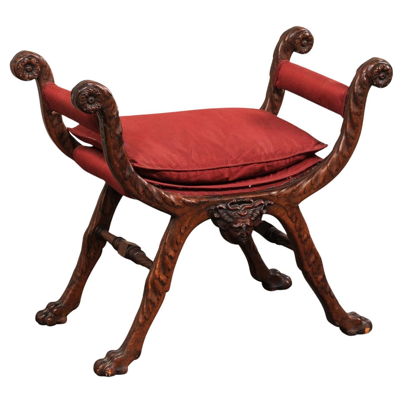Italian Carved-Wood Curule Stool with Paw Feet, Early 20th C.
