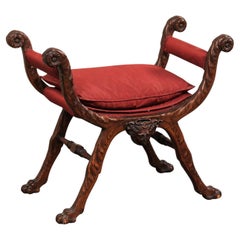 Antique Italian Carved-Wood Curule Stool with Paw Feet, Early 20th C.