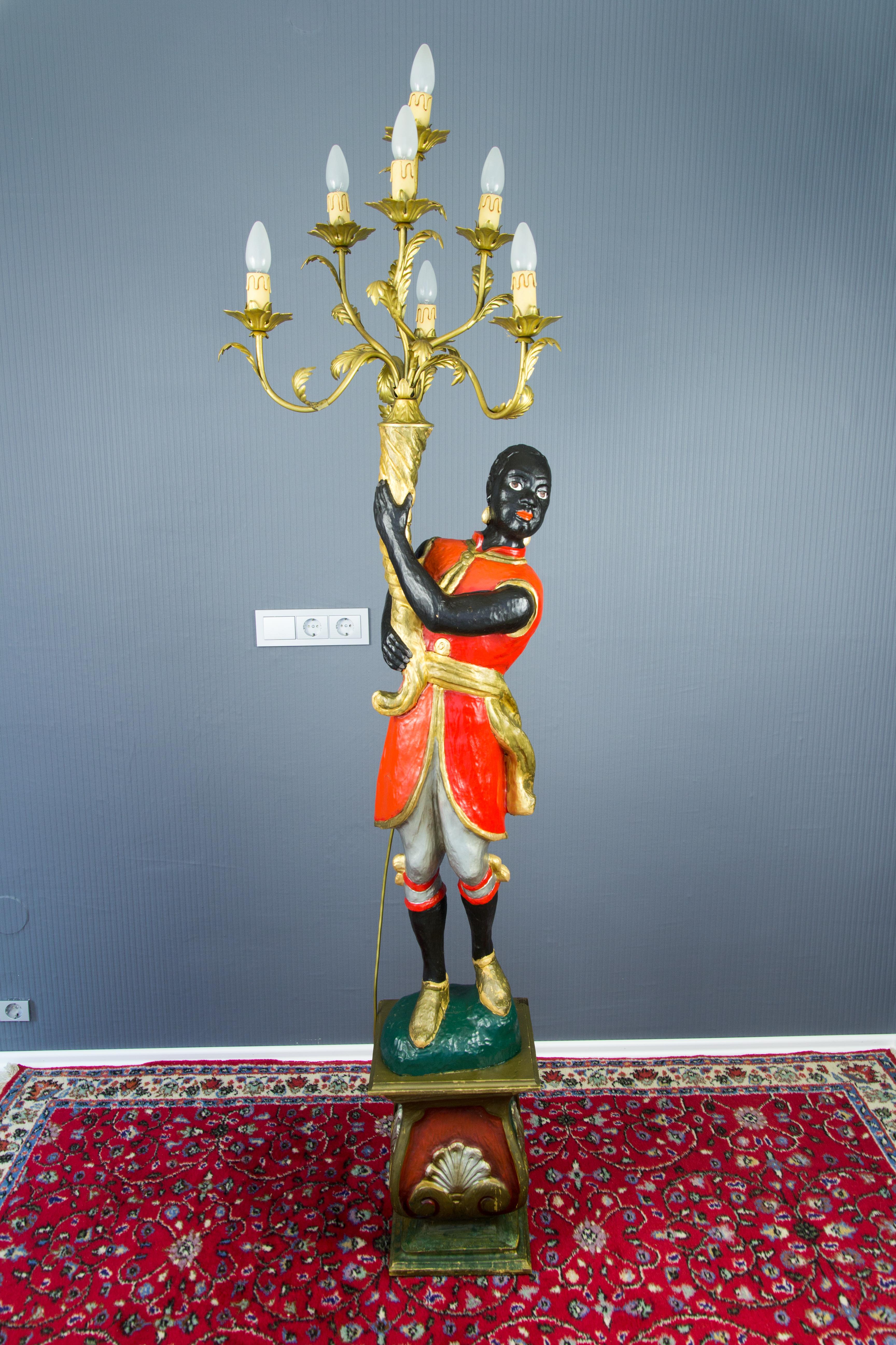 Mid-20th Century Italian Carved Wood Figural Torchère Candelabra Seven-Light Floor Lamp, 1950s