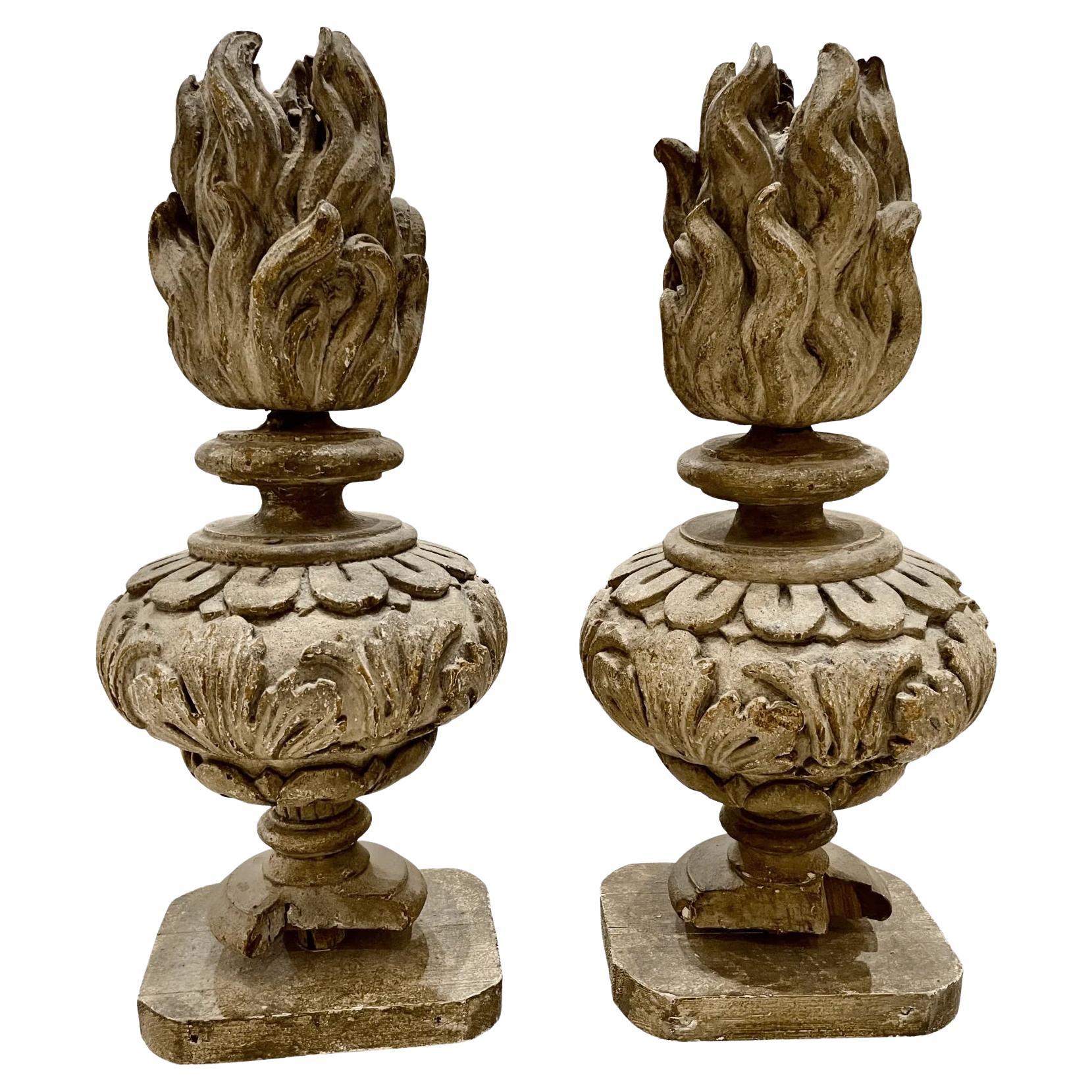 Italian carved wood flame urns, 18th Century