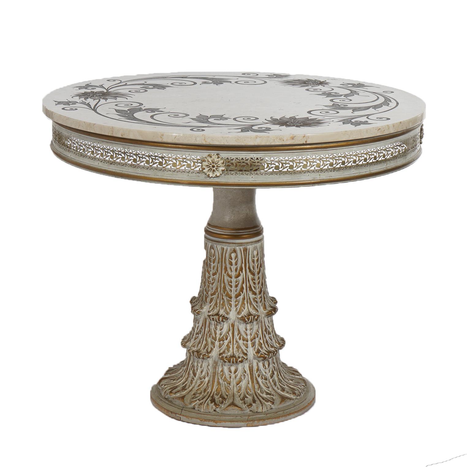 Italian Carved Wood & Foliate Inlaid Marble Center Table, 20th C 5