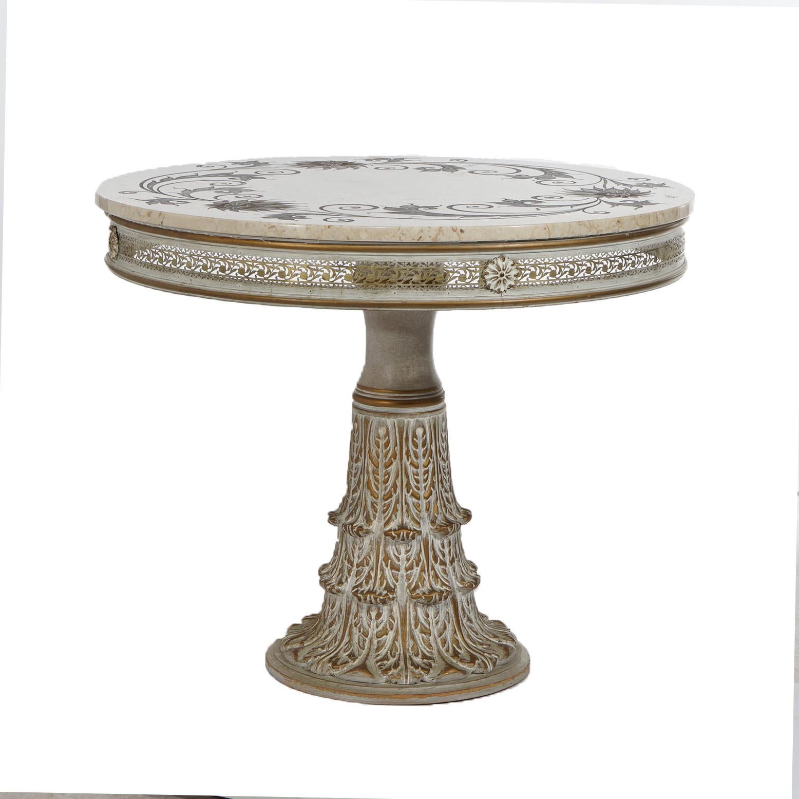 Italian Carved Wood & Marble Top Center Table With Inlaid Floral Design & Banded Bronzed Metal Floral Edge 20th C

Measures - 30.5
