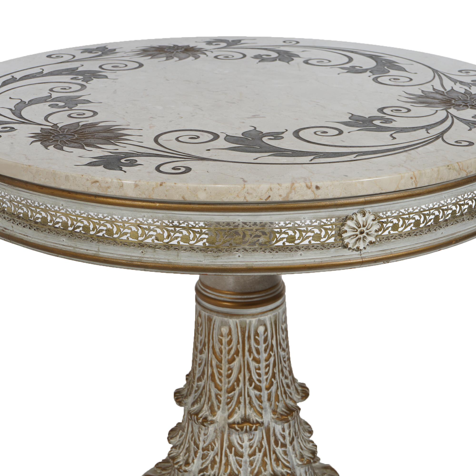 20th Century Italian Carved Wood & Foliate Inlaid Marble Center Table, 20th C