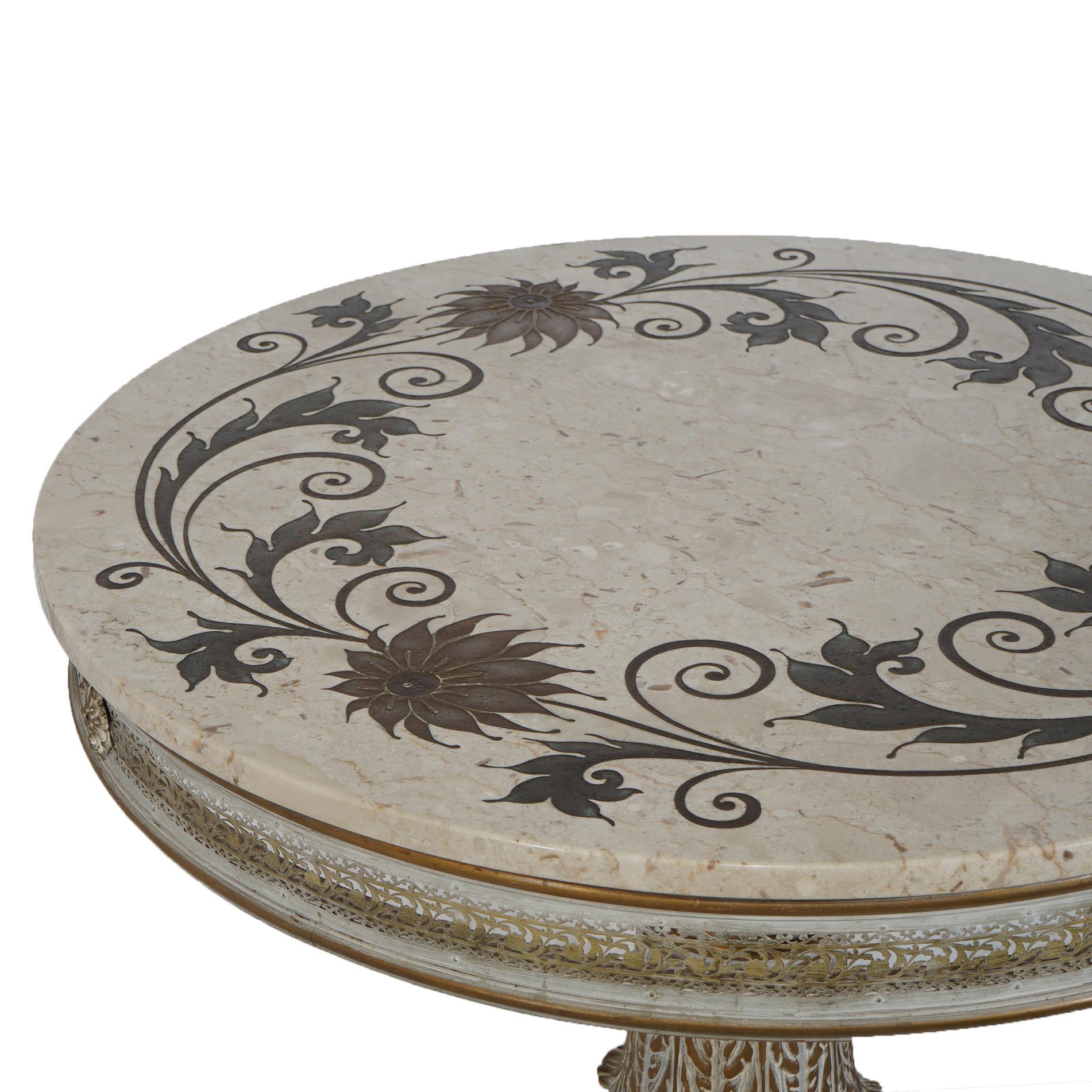 Italian Carved Wood & Foliate Inlaid Marble Center Table, 20th C 1