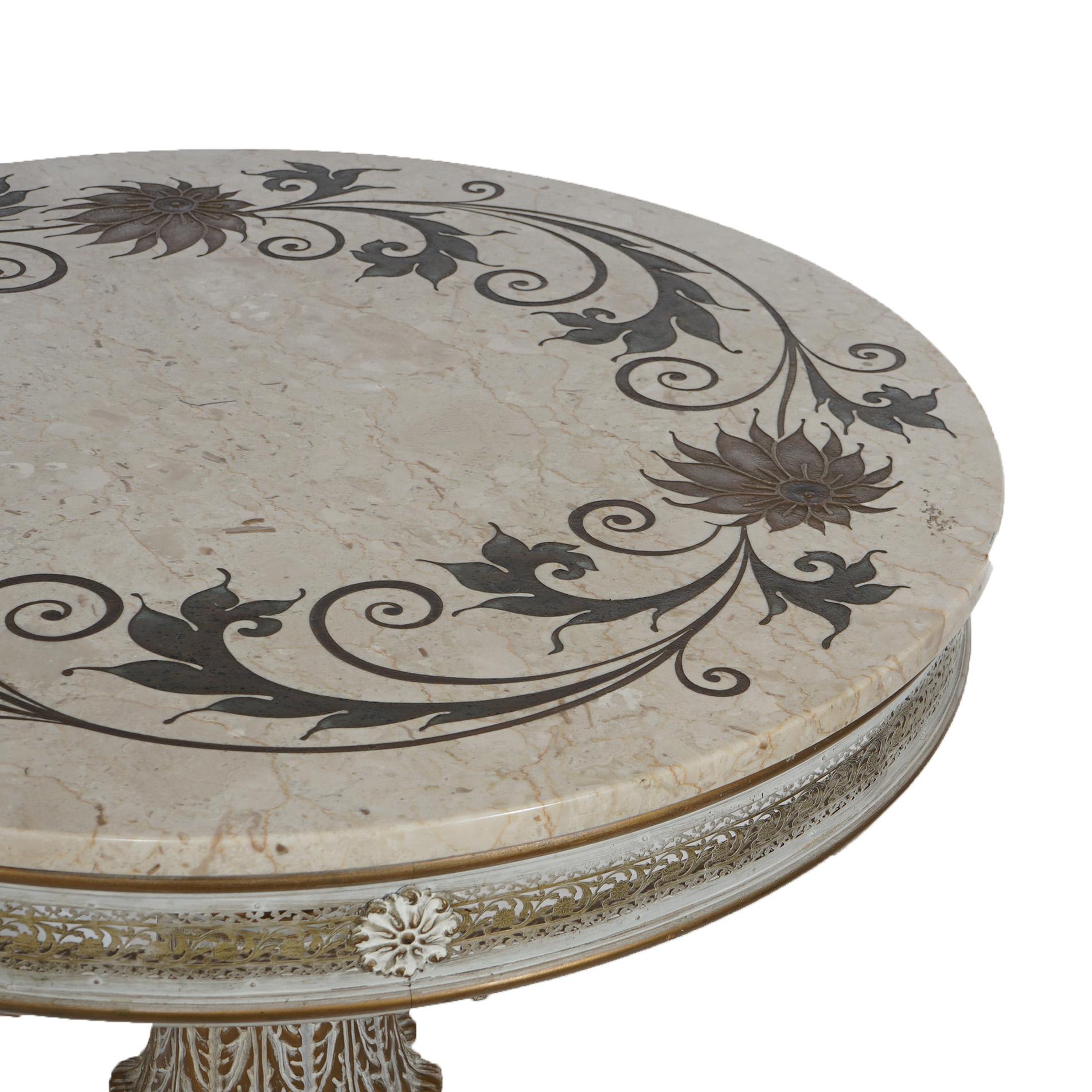 Italian Carved Wood & Foliate Inlaid Marble Center Table, 20th C 2