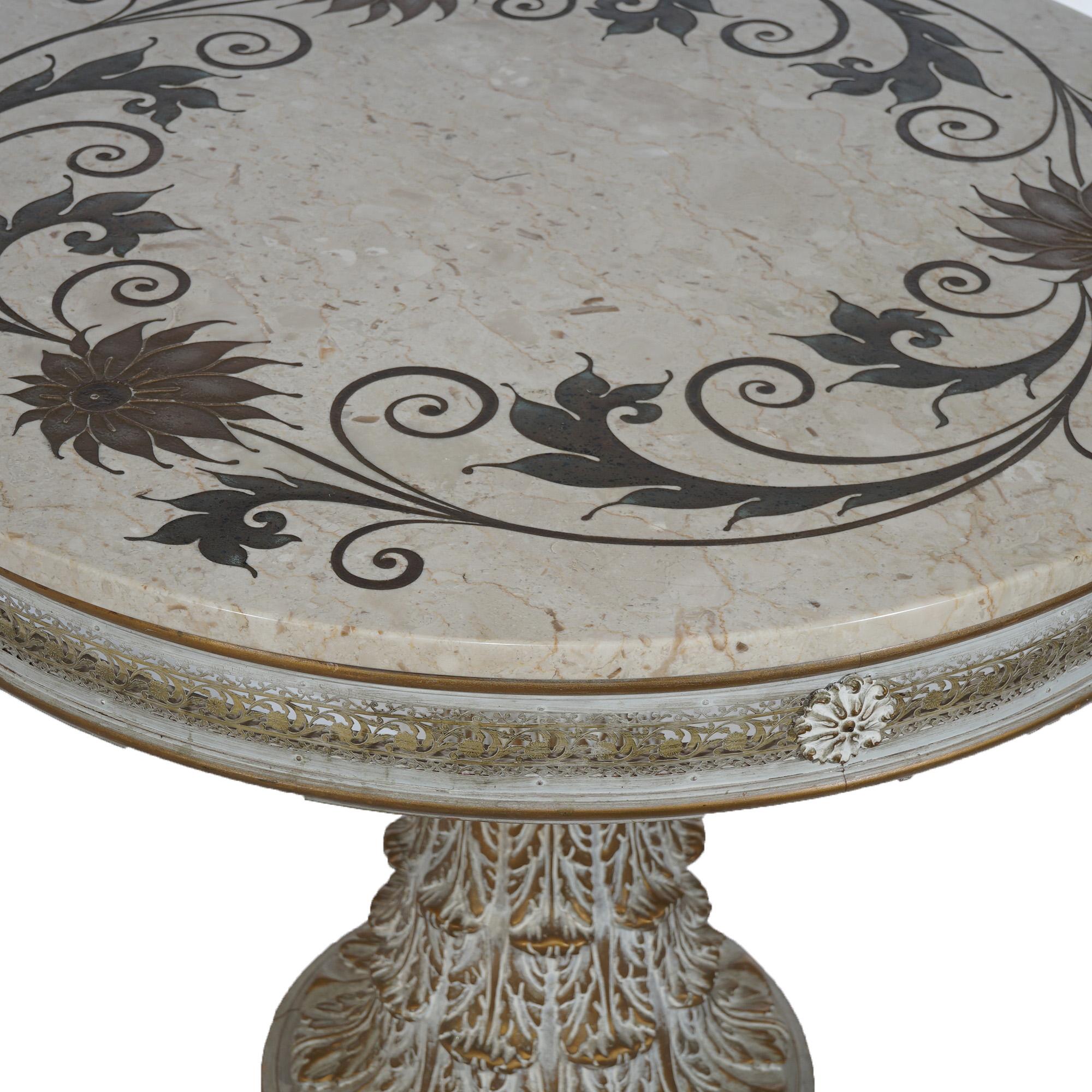 Italian Carved Wood & Foliate Inlaid Marble Center Table, 20th C 4