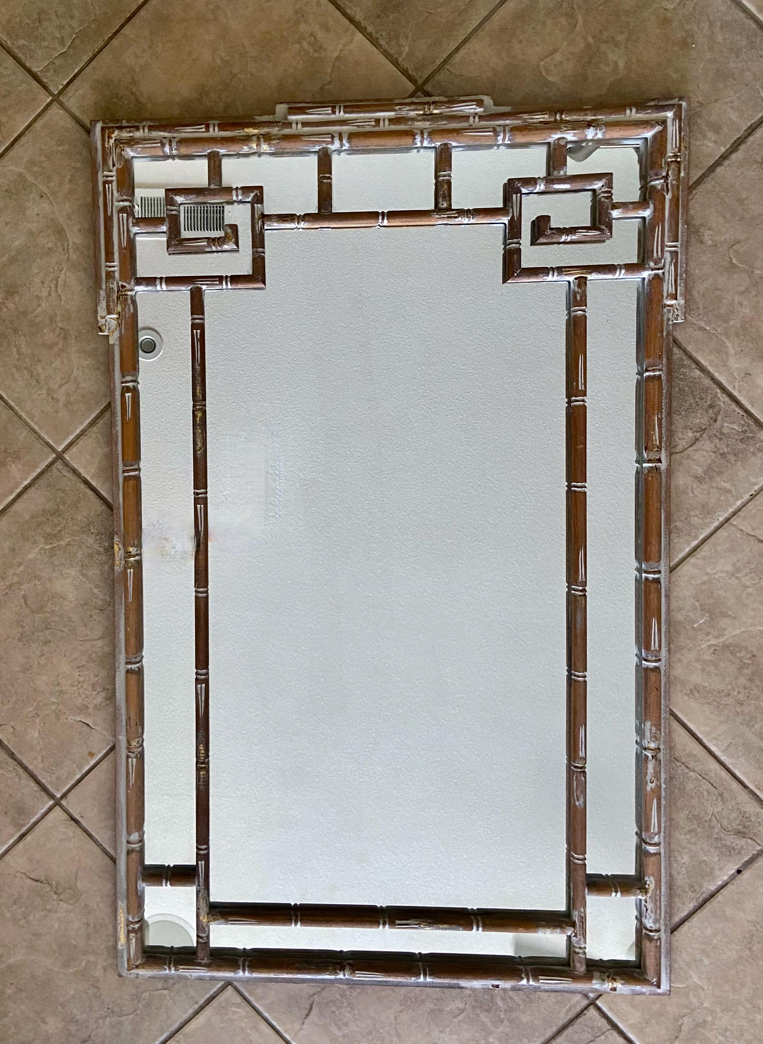  Italian Carved Wood Greek Key Faux Bamboo Wall Mirror In Good Condition For Sale In Palm Springs, CA
