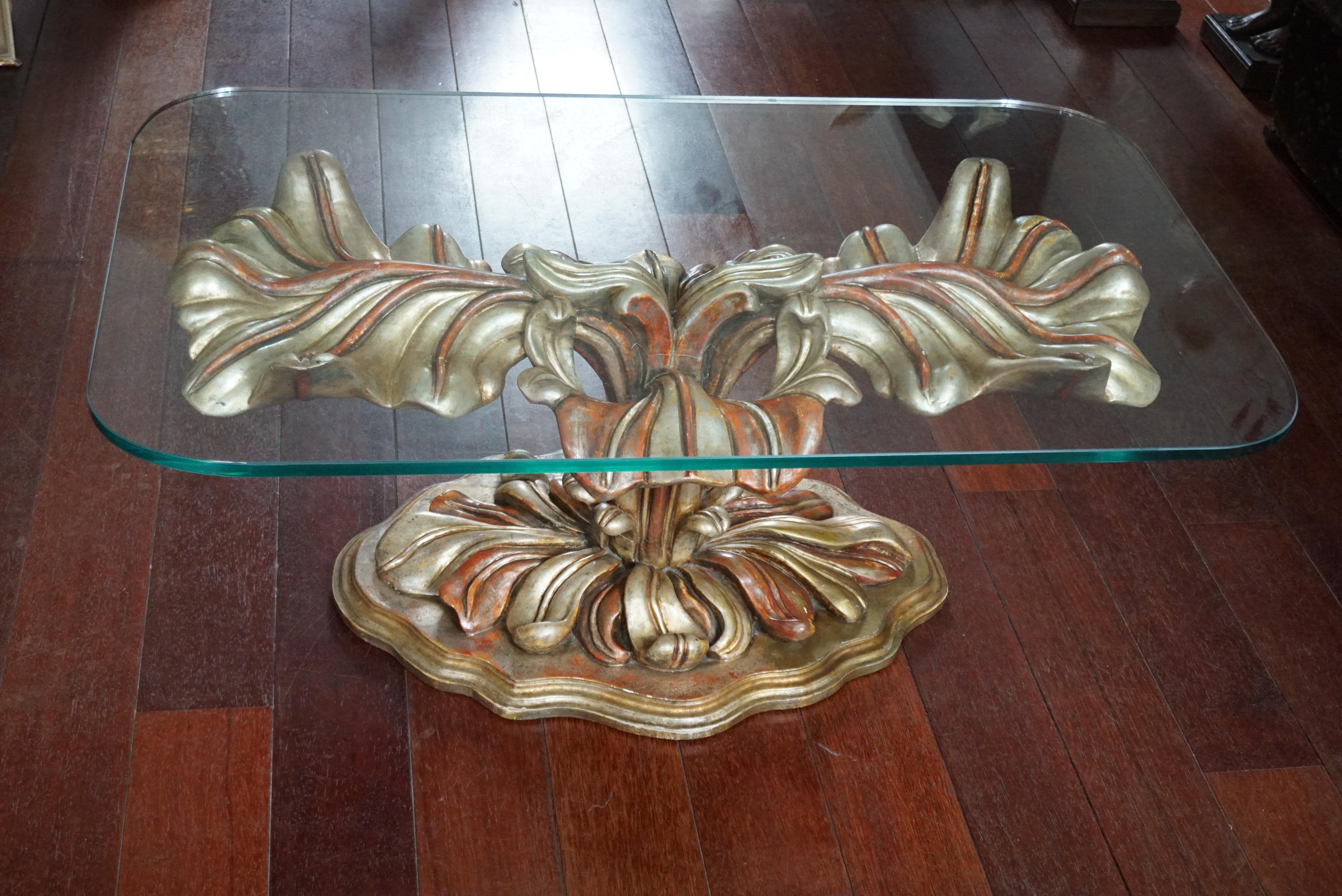Hollywood Regency Italian Carved Wood Palm Tree Base Dining Table For Sale