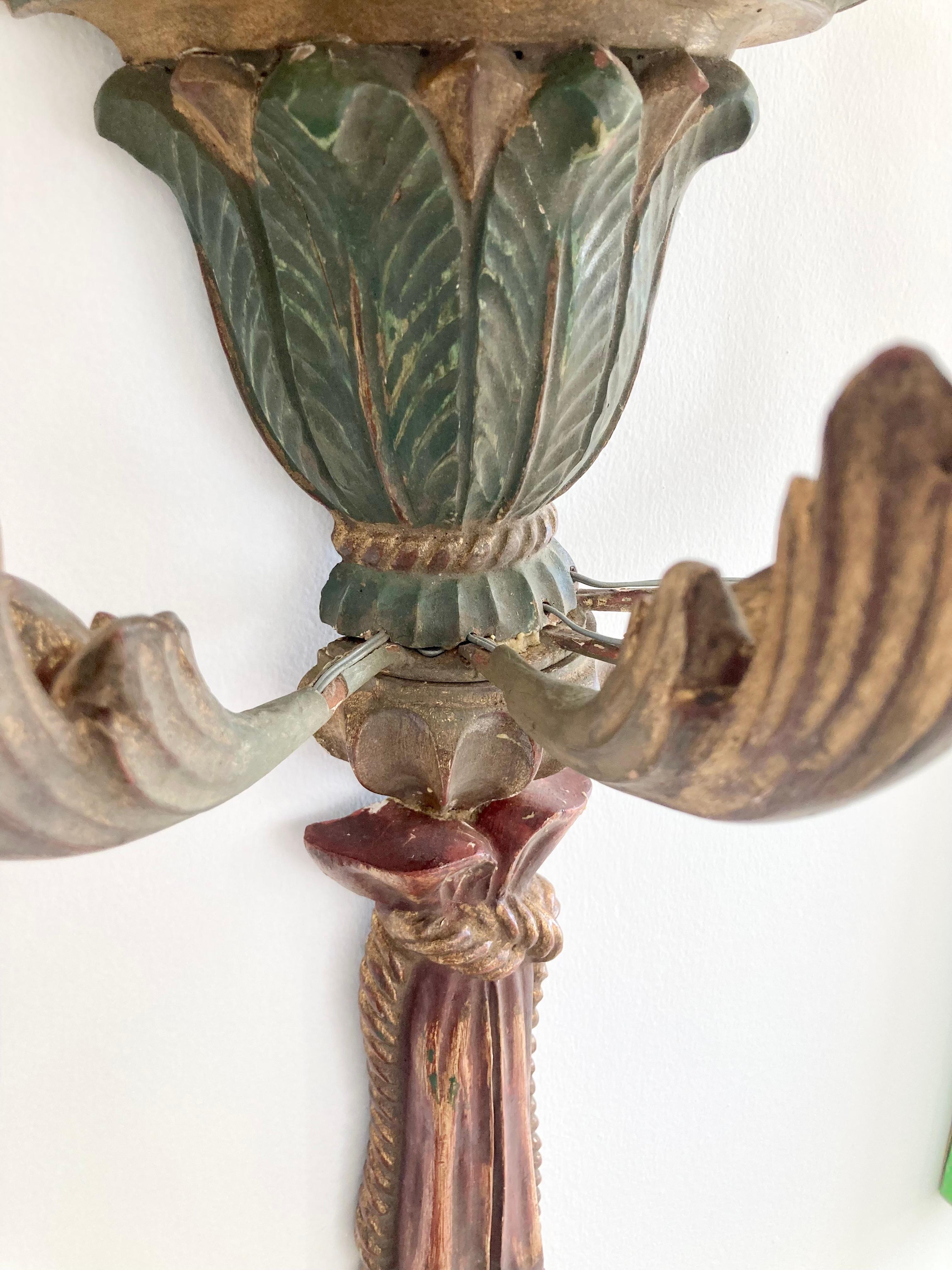 Italian Carved Wood Palm Tree Wall Sconces, a Pair For Sale 5