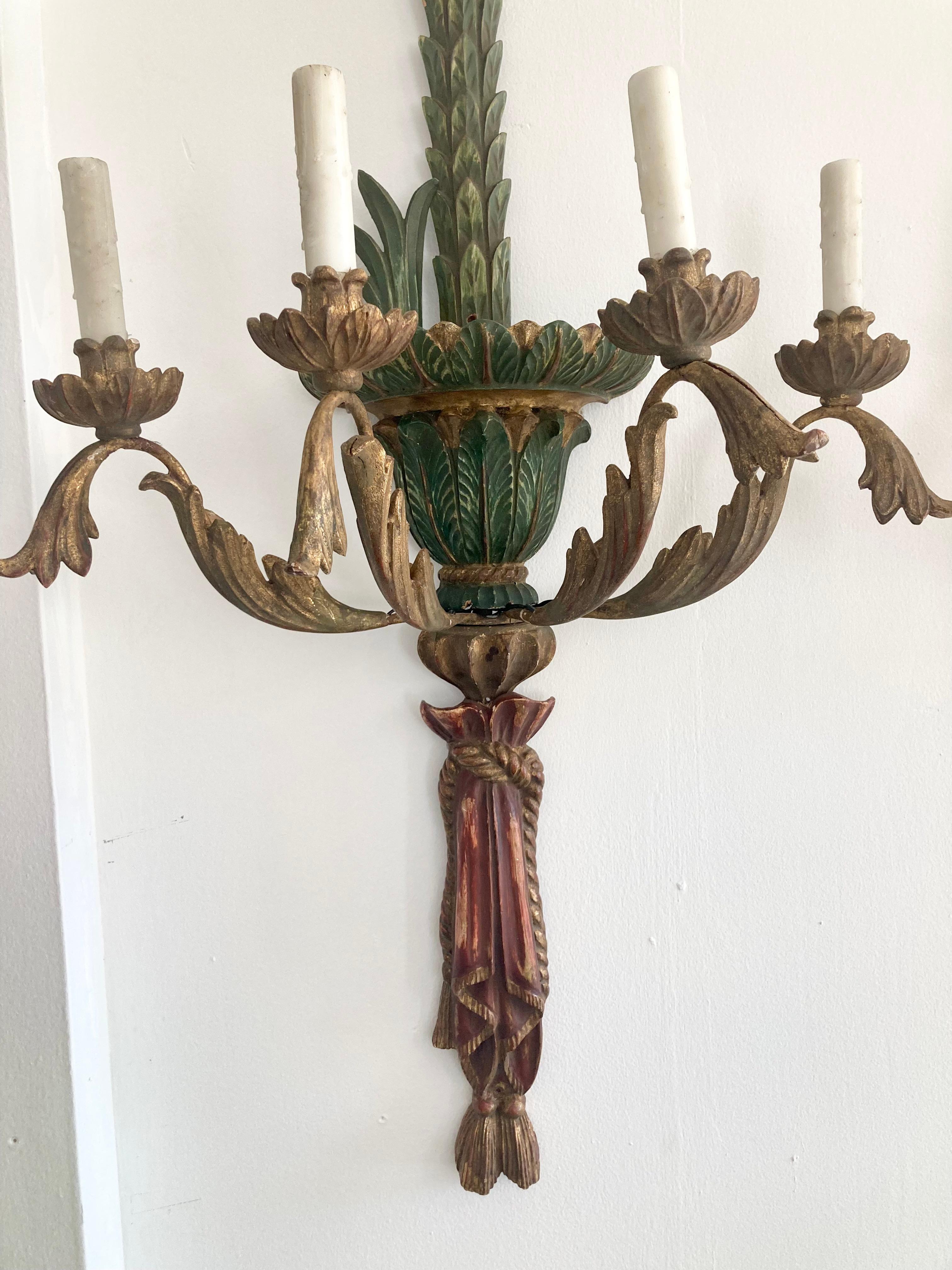 Hollywood Regency Italian Carved Wood Palm Tree Wall Sconces, a Pair For Sale