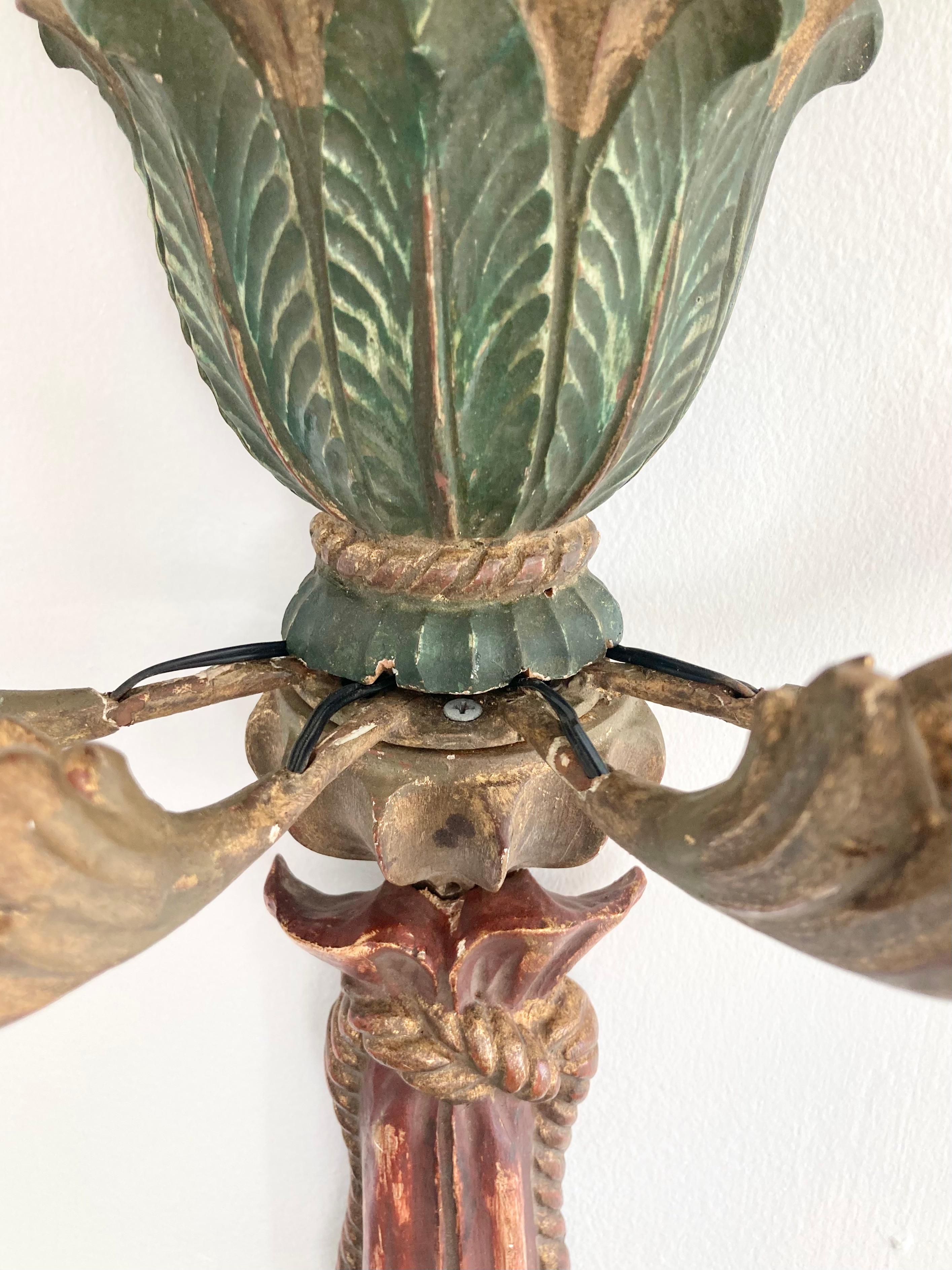 Mid-20th Century Italian Carved Wood Palm Tree Wall Sconces, a Pair For Sale