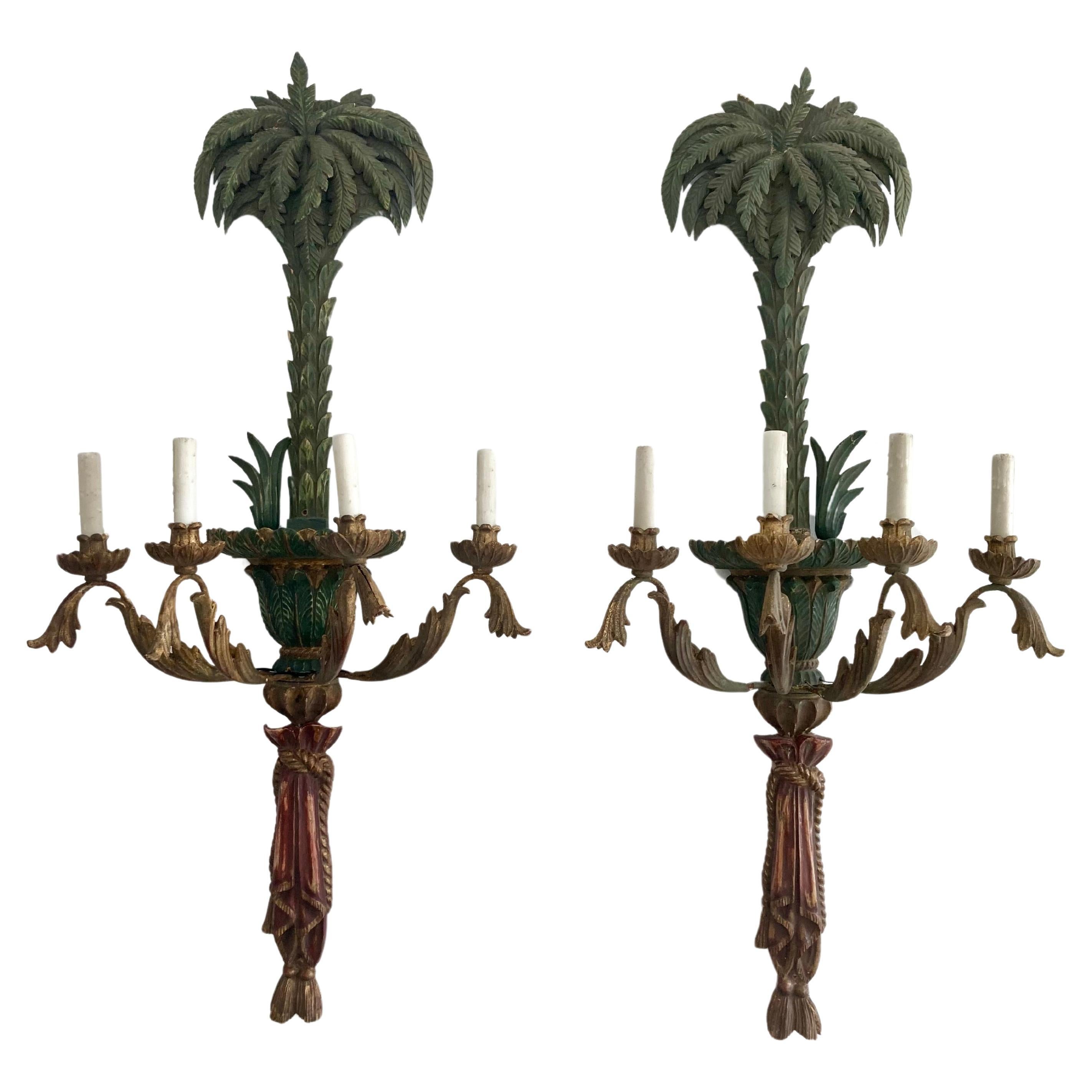 Italian Carved Wood Palm Tree Wall Sconces, a Pair For Sale