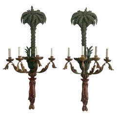 Italian Carved Wood Palm Tree Wall Sconces, a Pair