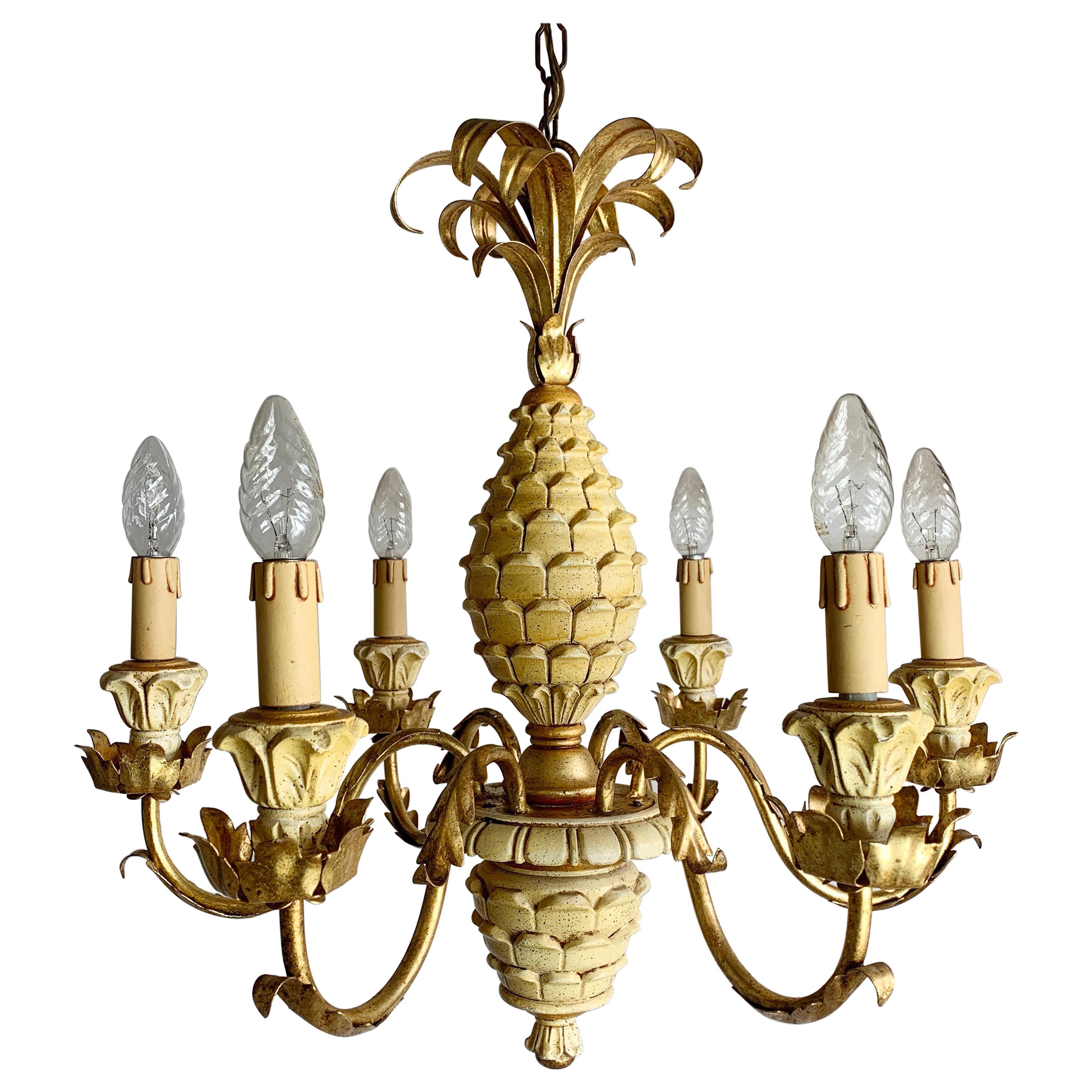 Beautiful Large Brass Pineapple Vintage Spanish Chandelier For Sale at