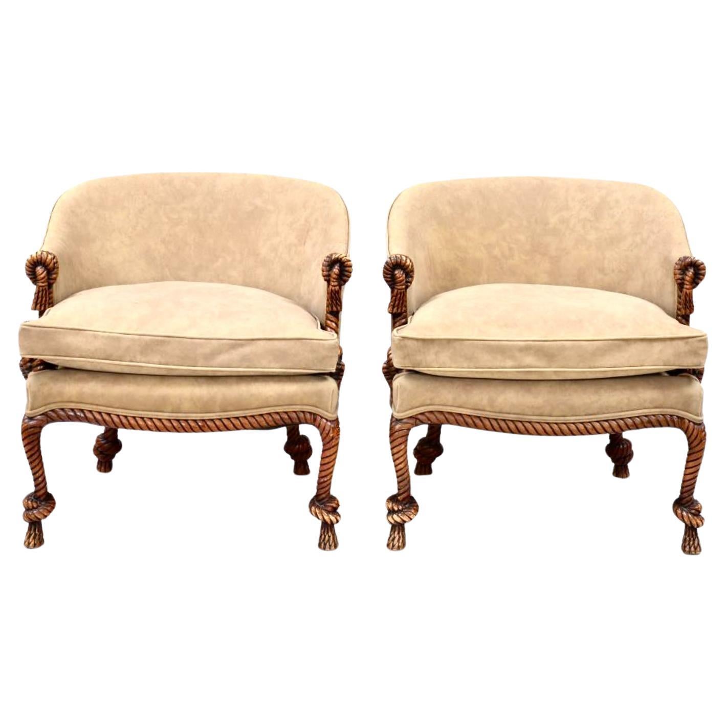 Faux Leather Italian Carved Wood Rope and Tassel Armchairs - A Pair