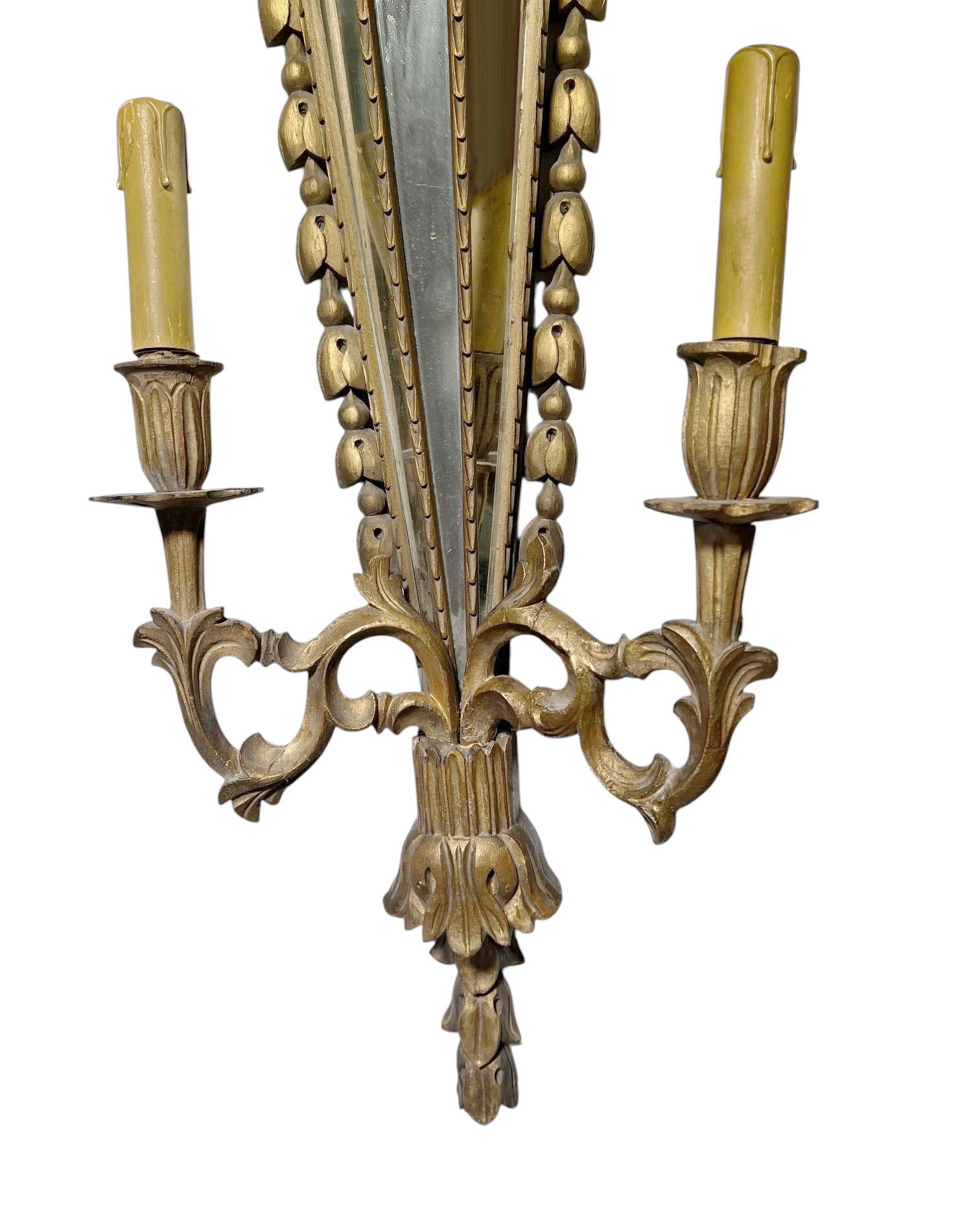 Late 19th Century Italian Carved Wood Sconces With Inlaid Mirrors For Sale