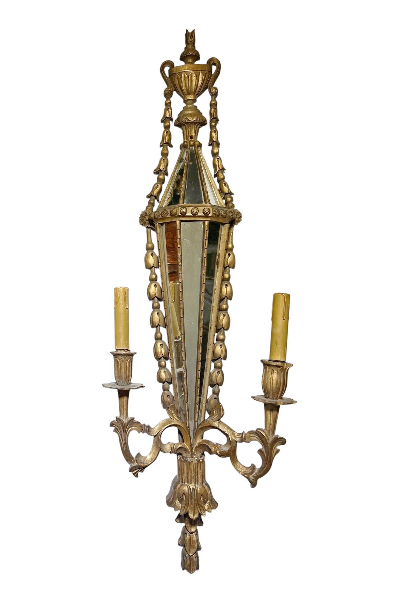 Italian Carved Wood Sconces With Inlaid Mirrors For Sale 2